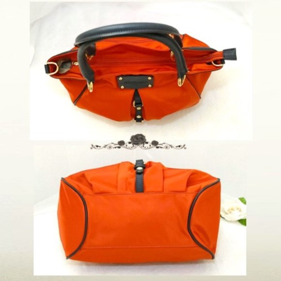 Orange Nylon Black Real Leather Trim Tote Travel Shopping Bag Carryall Shoulder - Picture 6 of 12